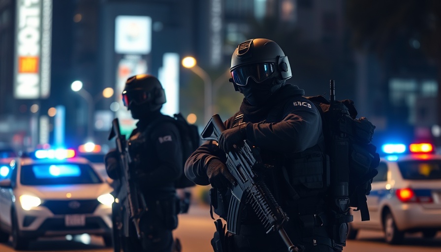 Syria sectarian violence scene with armed personnel at night.