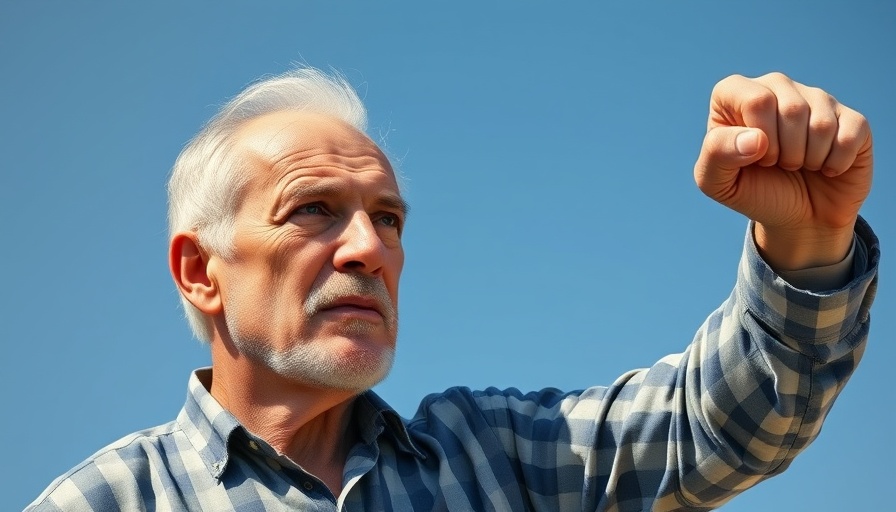 Man raising fist under clear sky, related to Trump Tariff on Foreign Films.