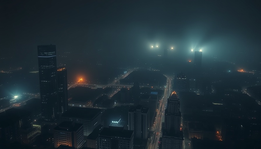Nighttime cityscape with fog and distant explosions during India missile strikes Pakistan.