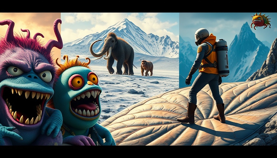Hybrid AI video production collage of monsters, mammoths, and diver.