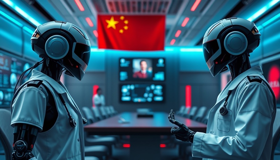 Futuristic AI hospital technology with robots in discussion.