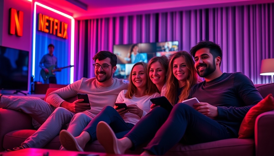 Family enjoying Netflix in a vibrant neon-lit room.