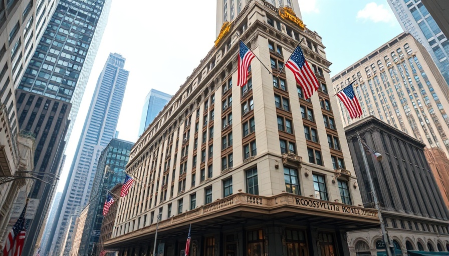 Closure of Roosevelt Hotel: Historic facade with American flags.