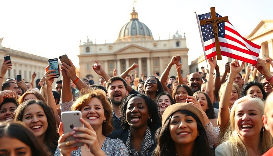 Excited group celebrating with flags and phones in Vatican City.