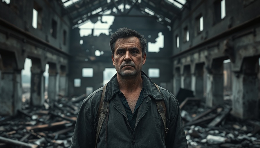 Somber man amidst ruins reflecting on India Pakistan Kashmir conflict.