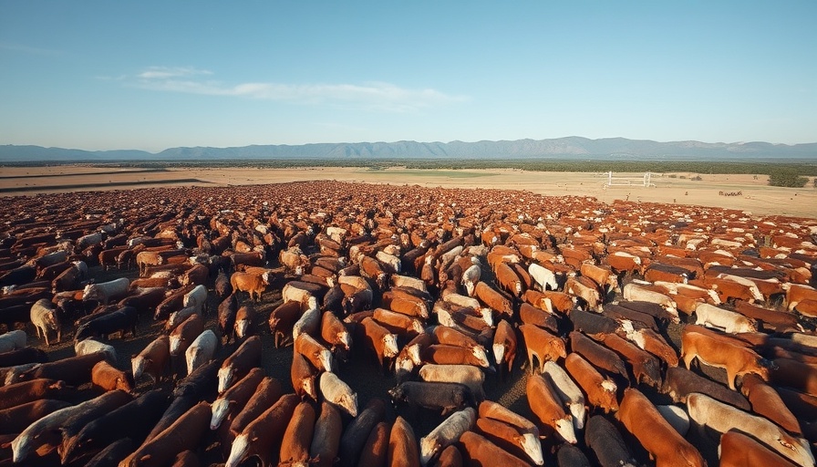 Aerial view of a large livestock yard with numerous cattle, distant mountains, and clear skies.