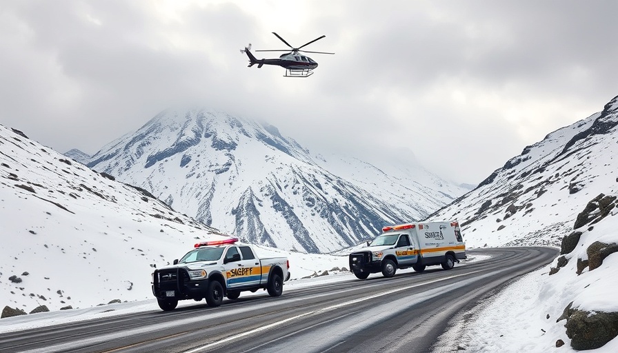 Sheriff trucks and helicopter in mountain accident rescue