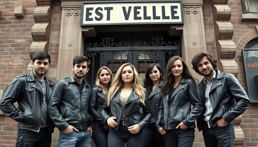 Iconic venue in East Village with group in leather jackets, capturing vintage music scene.