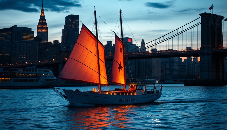 Mexican Navy sailboat near Brooklyn Bridge at dusk