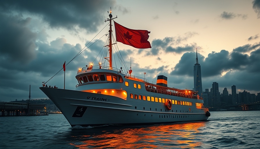 Training ship with flag under cloudy sky and cityscape.