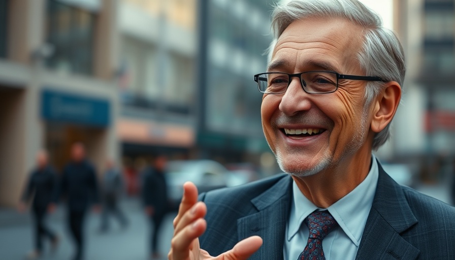 Older man gesturing and smiling, blurred city backdrop.
