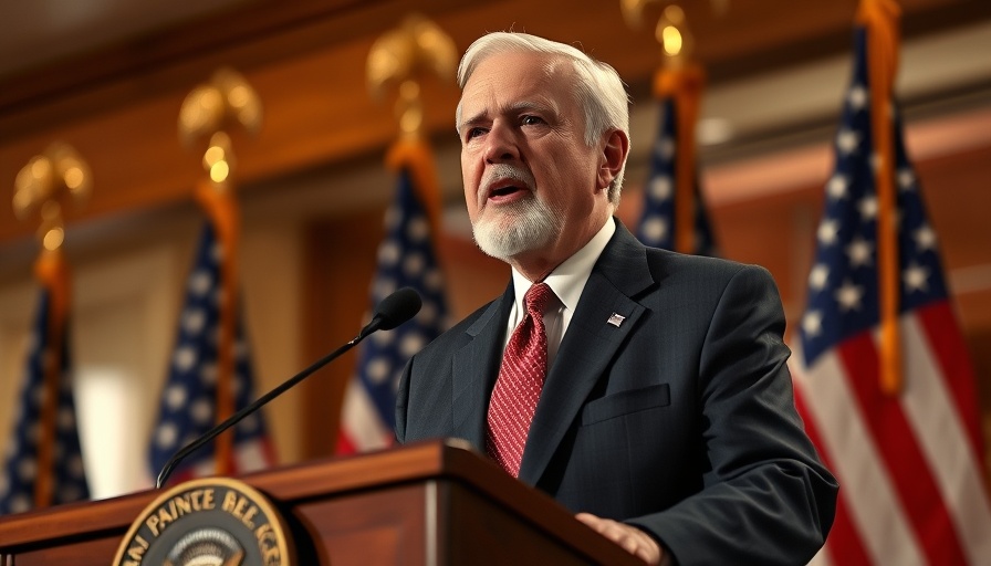 Elderly man speaking at podium with flags, addressing audience.