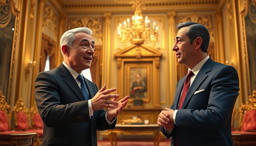 Diplomatic animated scene with two leaders discussing in an ornate office.
