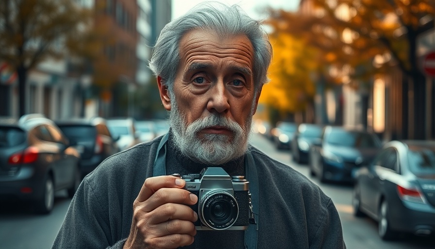 Jonas Mekas legacy captured in urban setting with vintage camera.