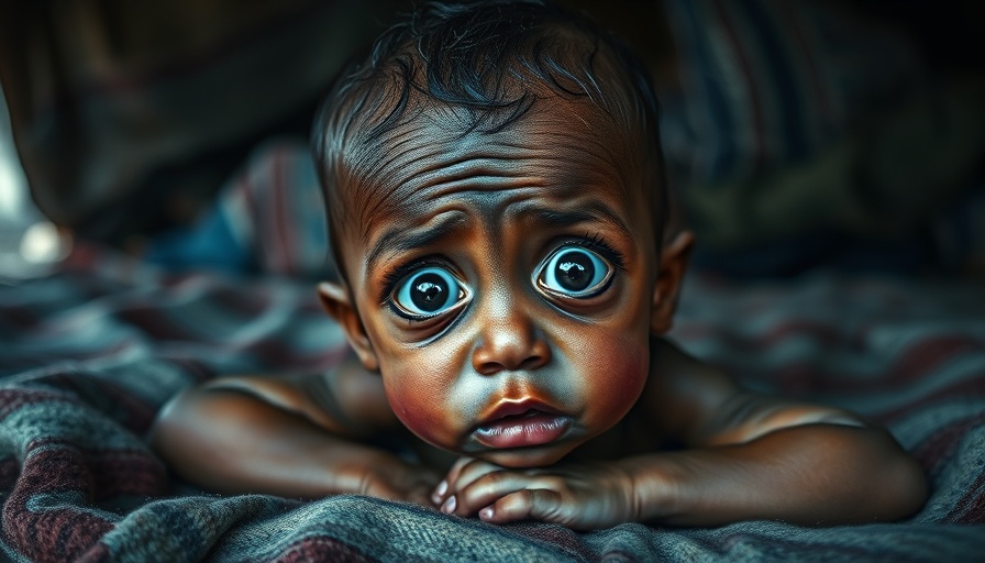 Gaza baby suffering from hunger, wide-eyed and distressed.