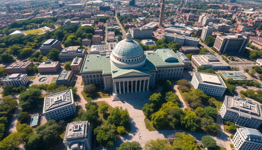 Aerial view of MIT campus highlighting iconic dome.