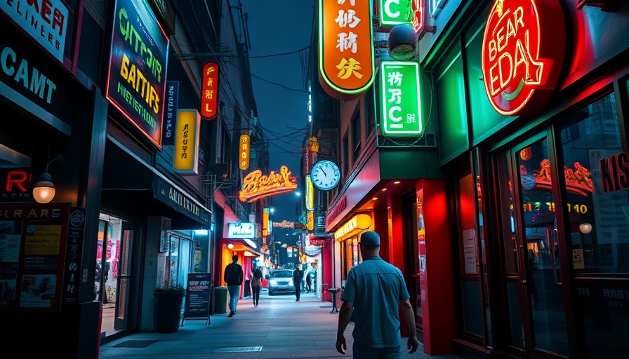 Vibrant night street with person walking by a bar entrance