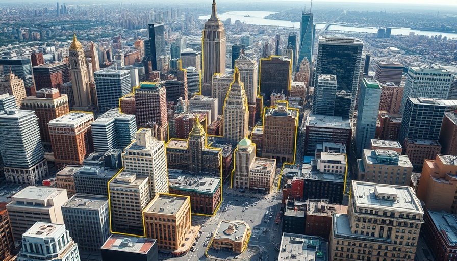 Aerial view showing SoHo NoHo rezoning impact with highlighted buildings.