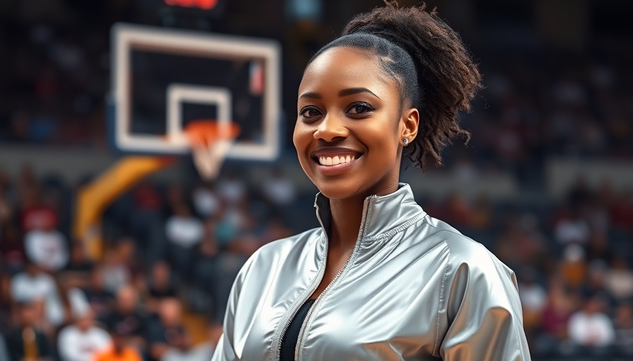 Confident woman in silver jacket on basketball court, Dawn Staley context.