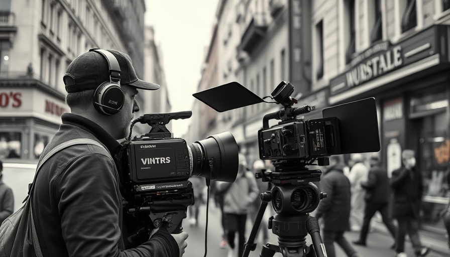 Vintage film crew in urban setting capturing local history.