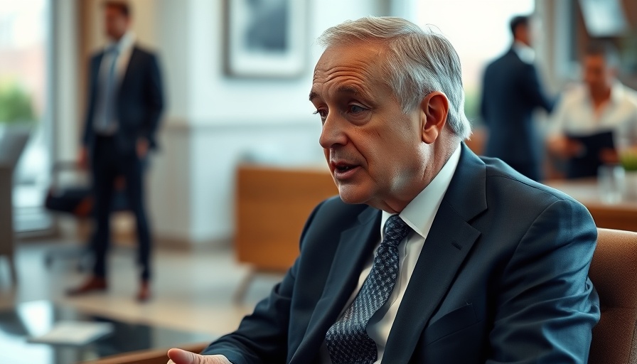 Older man discussing serious topic in an office setting.