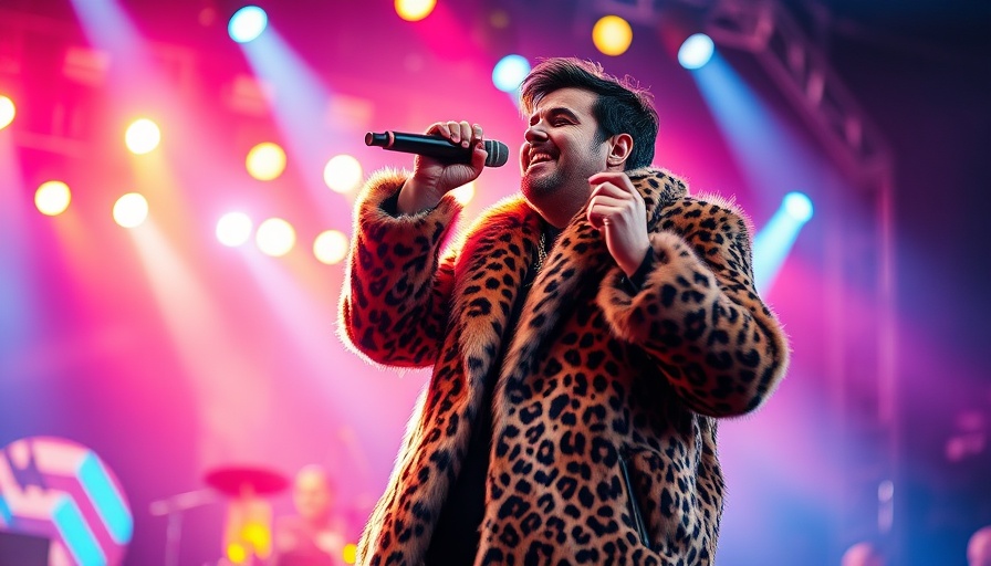 Performer in leopard print coat singing energetically on stage.