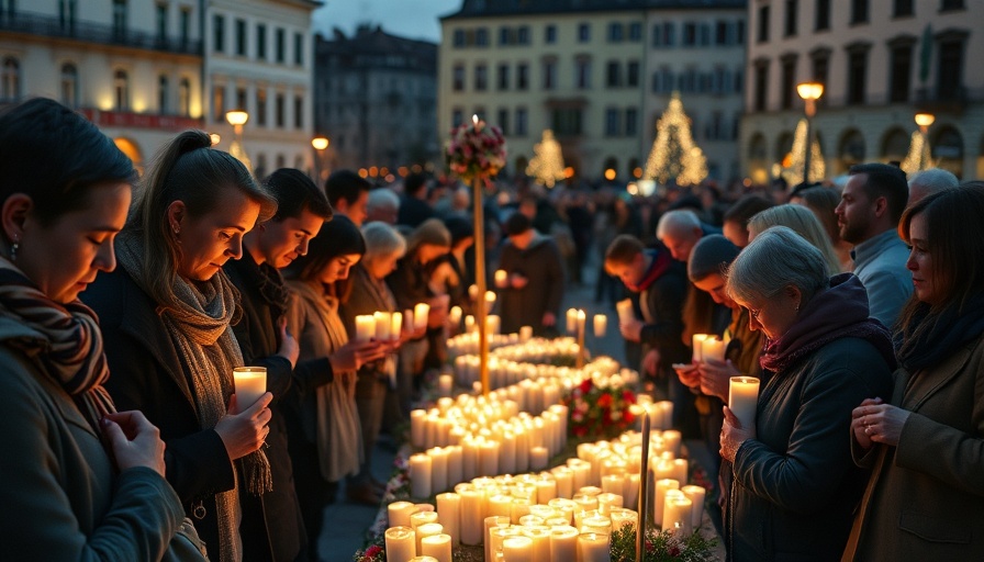 Austria school shooting vigil with candles and people gathering.