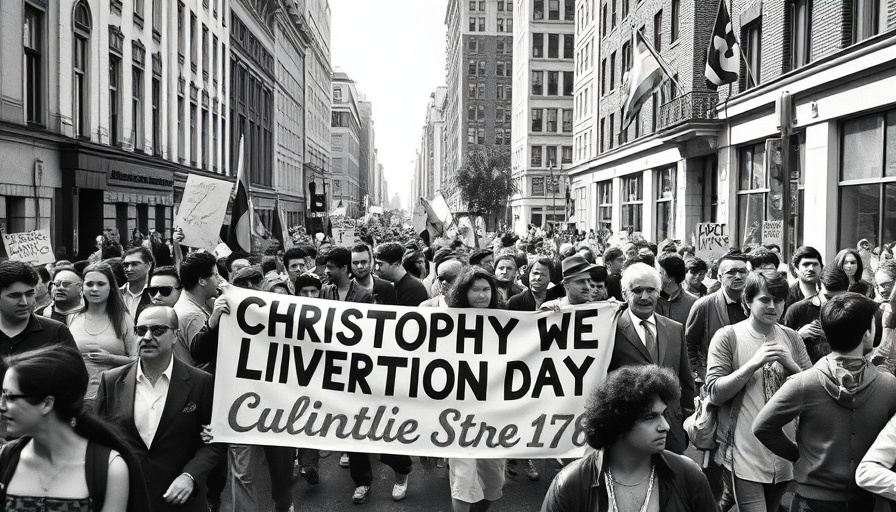 1970 Gay Liberation Day march with a vibrant crowd and banner.