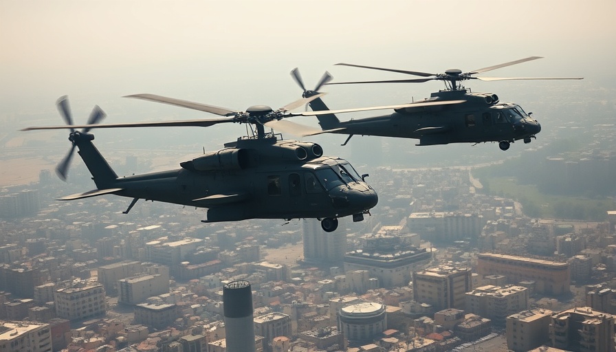 Military helicopters flying over a cityscape during US embassy evacuation.