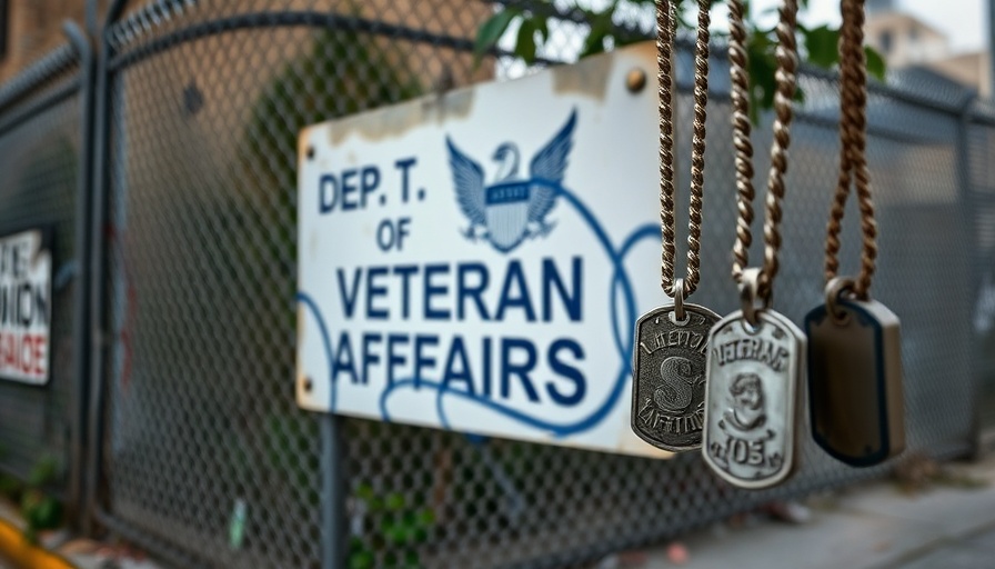 Graffiti on VA sign and hanging dog tags depict LA riots impact on veterans.