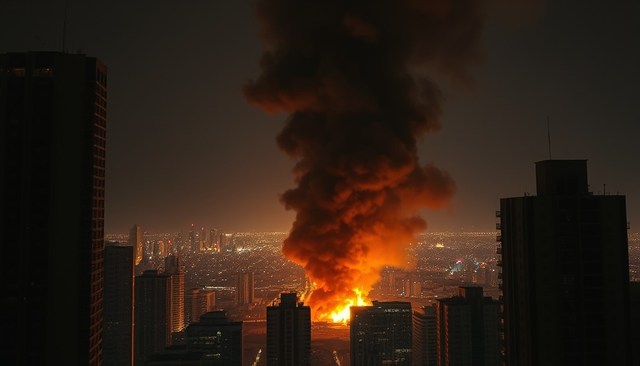 City skyline with fire and smoke at night during Israel strikes on Iran.
