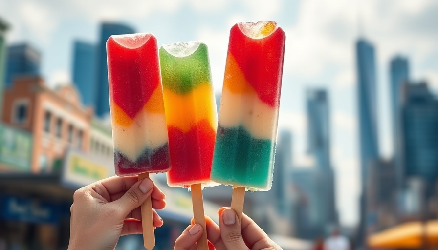 Vibrant summer scene with ice pops against skyline.