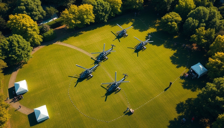 Military parade setup with helicopters and tents on a green field.