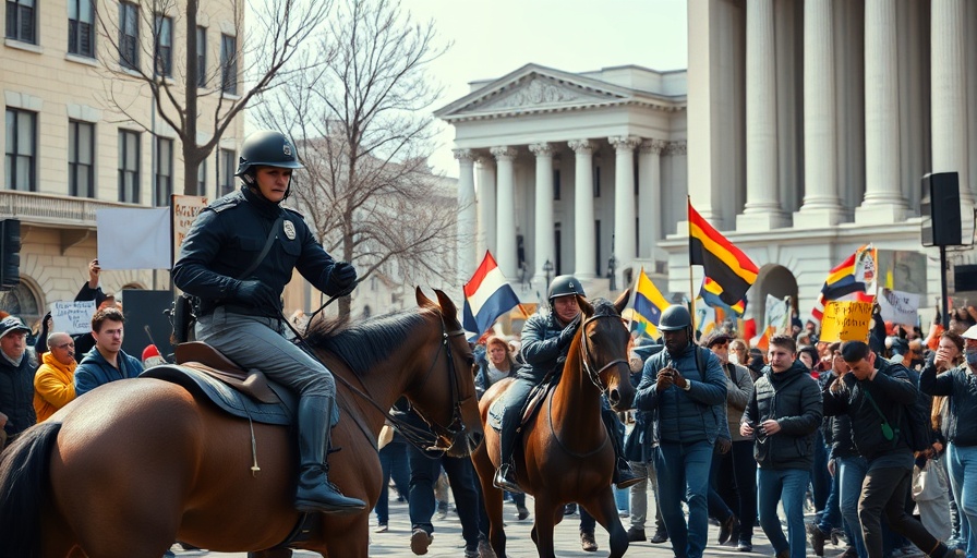 Protest scene in LA with mounted police and demonstrators