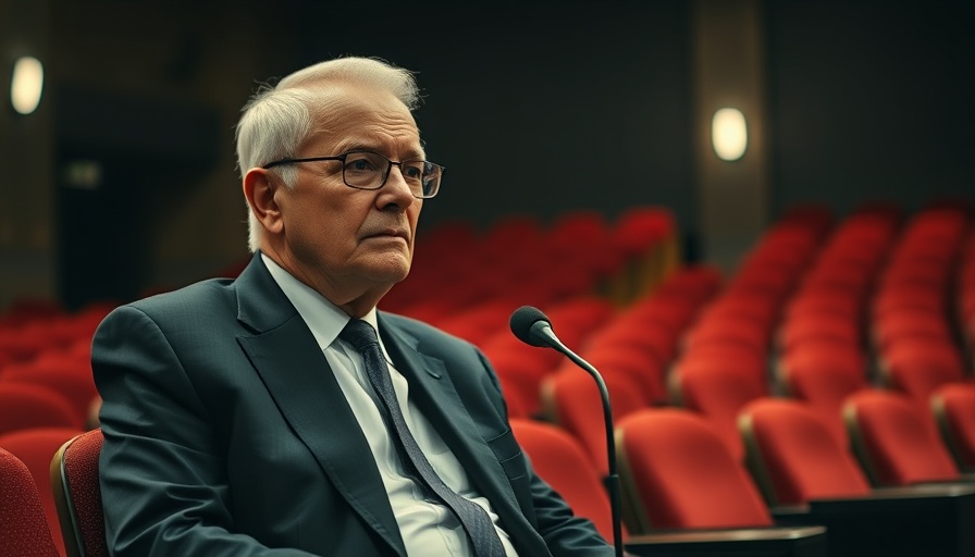 Elderly man concerned, seated in empty auditorium.