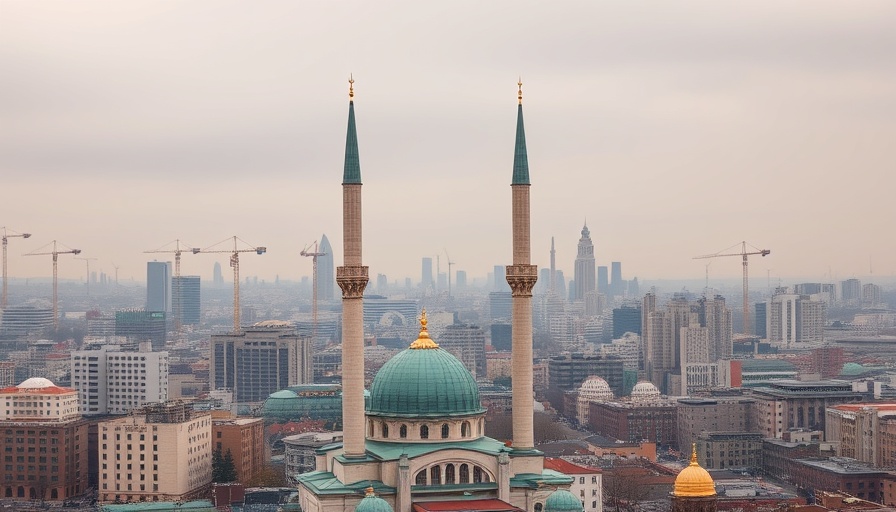 Cityscape with mosque and construction, overcast sky, Tehran setting.