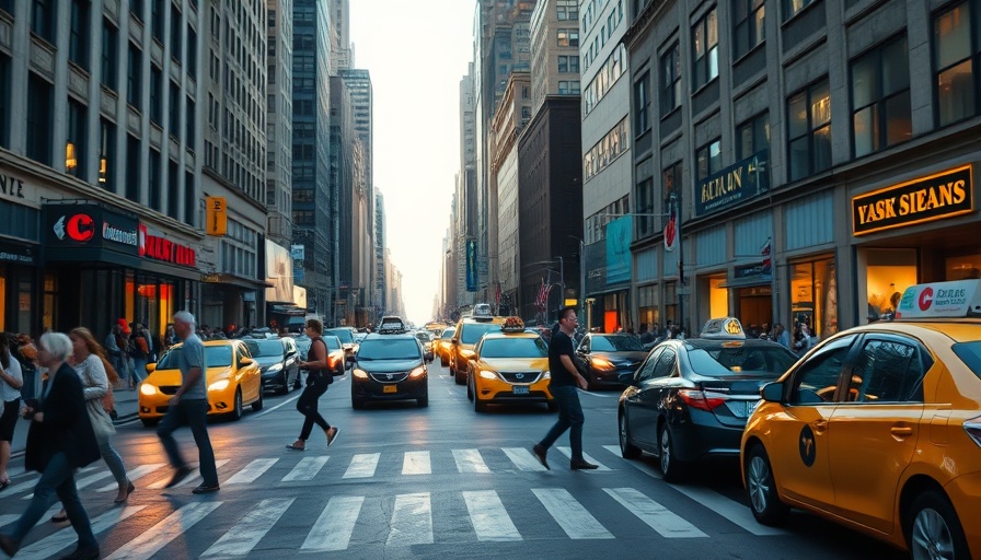 Bustling NYC intersection with cars and pedestrians crossing street.
