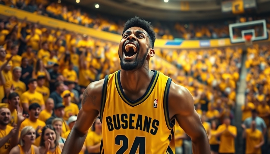 Intense basketball player celebrating in front of cheering crowd at NBA Finals Game 7.