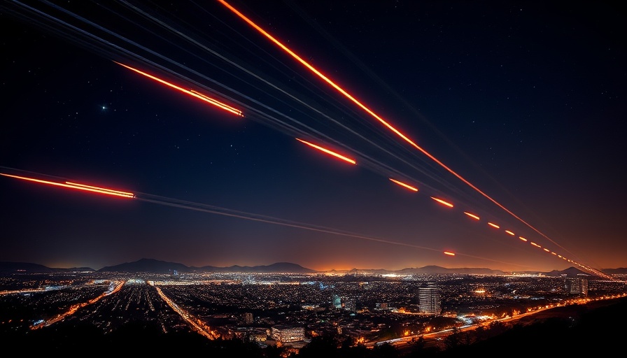 Night sky over city with streaks of light, Israel Iran ceasefire context.