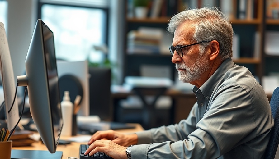 Older man working in a busy office surrounded by papers and computer.