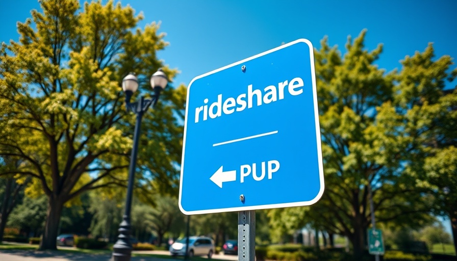 Rideshare pickup location sign in a park under a blue sky.