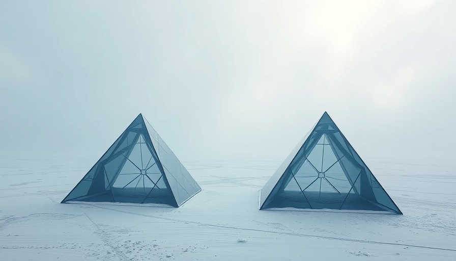 Mystical glass pyramids in a snowy landscape, digital marketing courses concept.