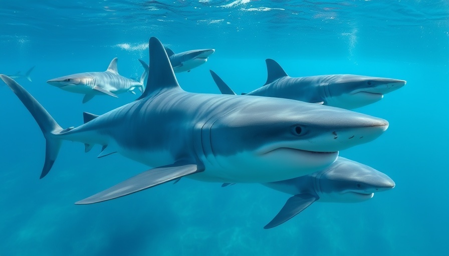 Close-up of blue sharks swimming in clear underwater environment.