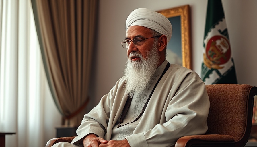 Elderly man in traditional attire giving speech indoors, US Strikes on Iran context.