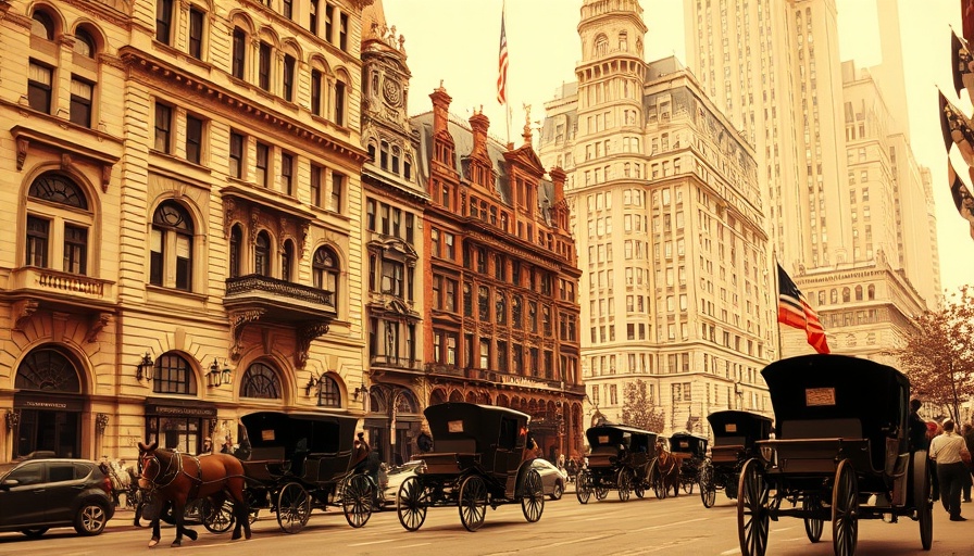 Gilded Age mansions on Fifth Avenue, historic sepia photograph.