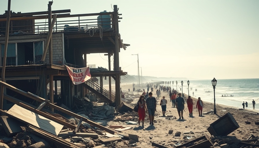 Gaza airstrike aftermath at seafront café, debris and people.