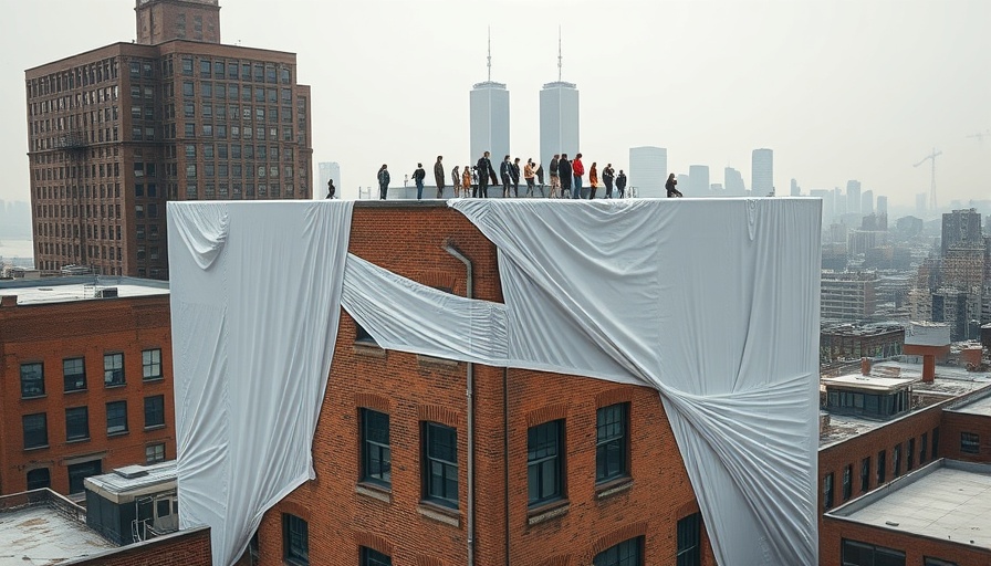 Francis Hines Fabric Village Legacy: brick building wrapped in fabric, NYC backdrop
