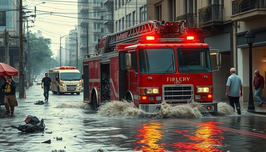 Texas flood scene with fire truck and responders on a debris-filled street.