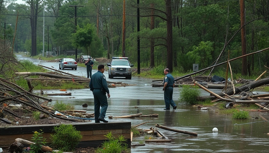 Texas flooding aftermath with officers and debris in forested area.