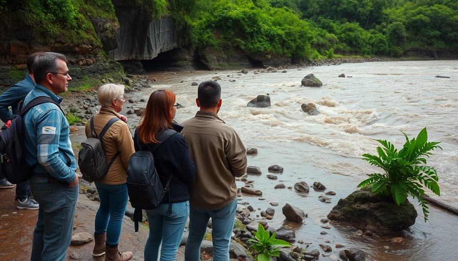 Group assessing Texas business flood recovery by river.